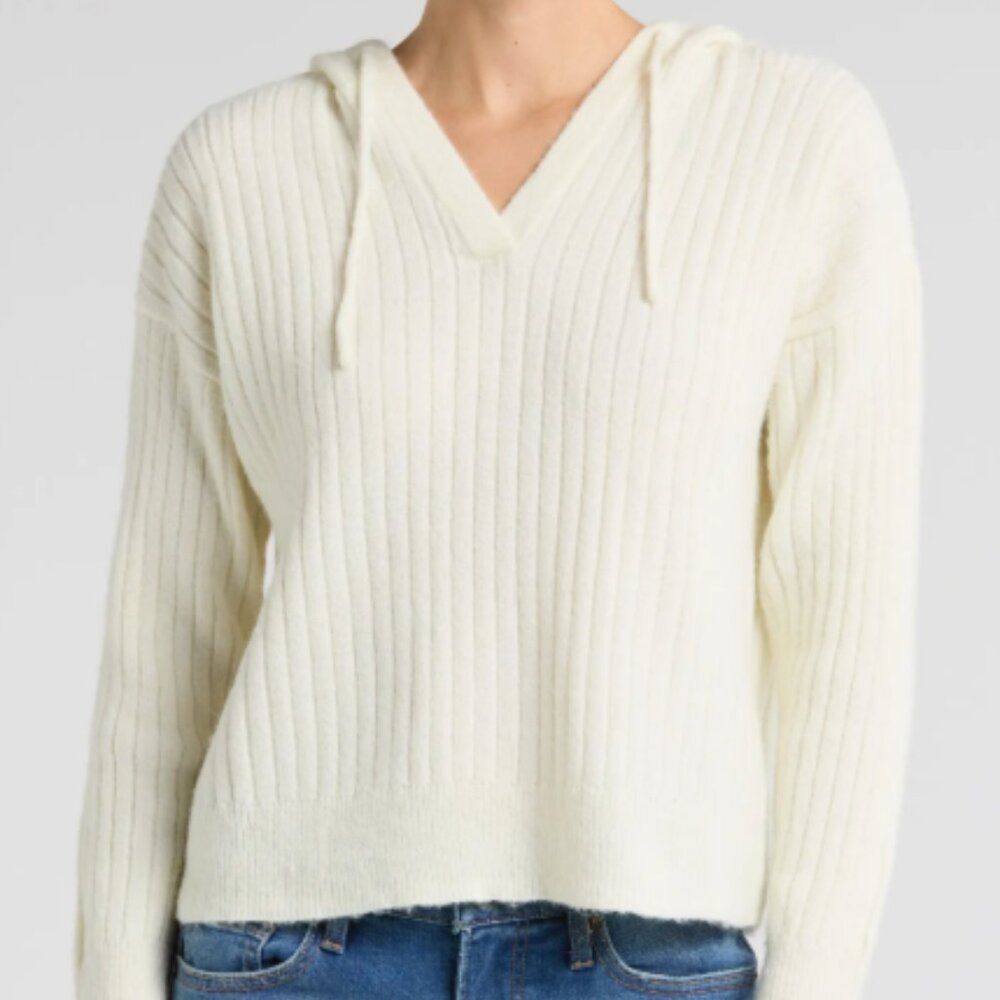 Lucky Brand Women's Ivory V-Neck Sweater Hooded Ribbed Marshmallow Medium